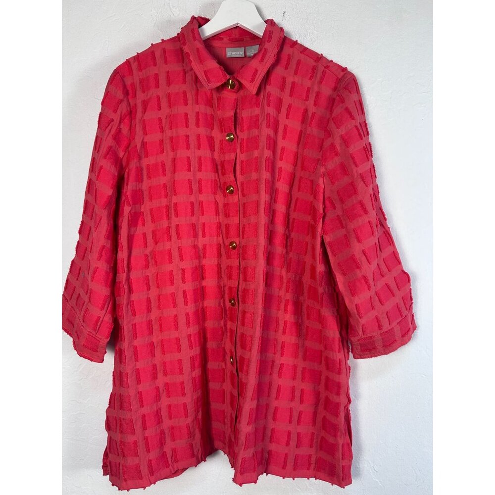 Chico's Travelers Womens Red Coral Textured Button Down Shirt Tunic Top Size 3